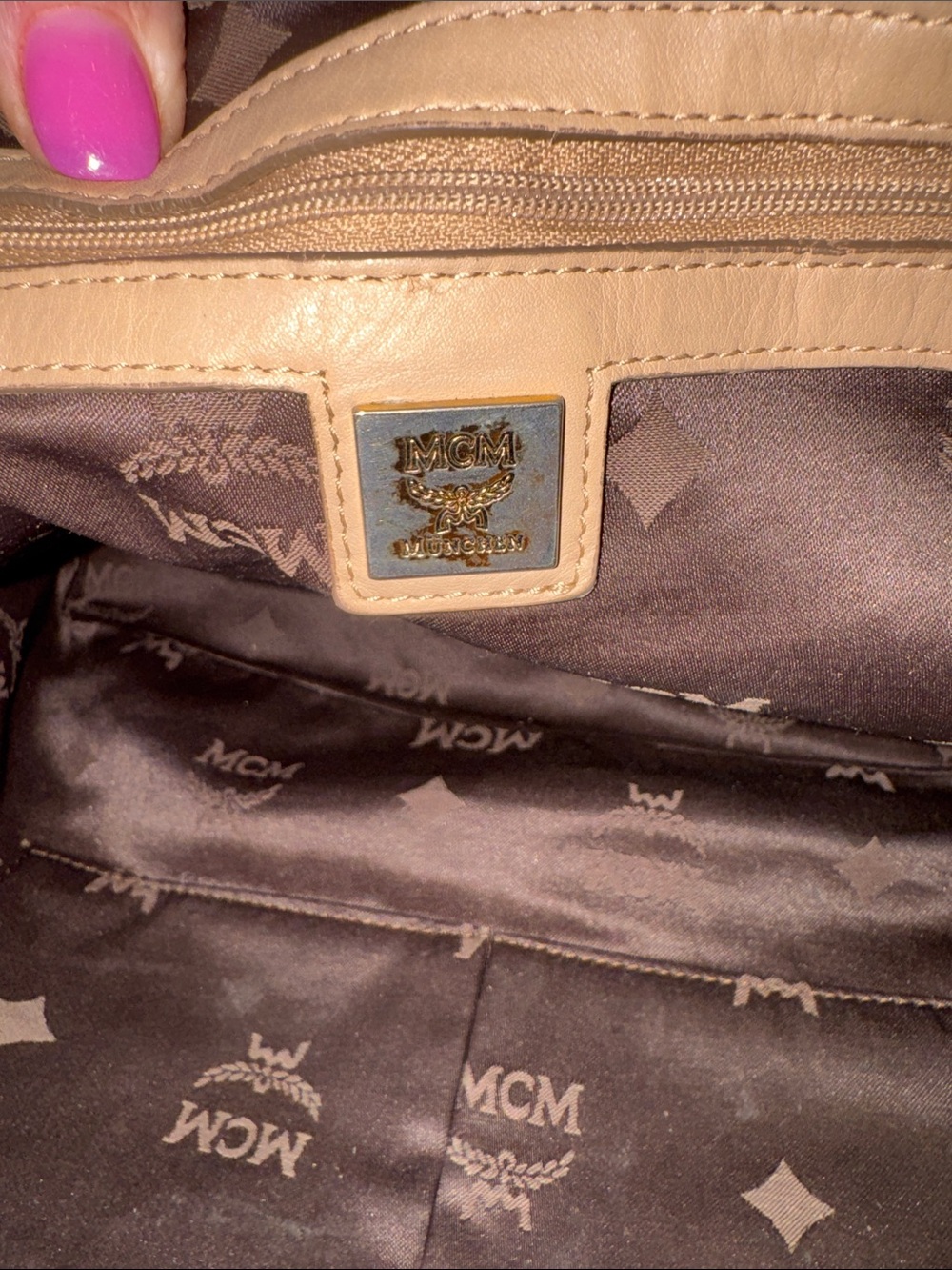 MCM Visetos Beige Monogram Shoulder Bag with Gold Hardware - Picture 12 of 14